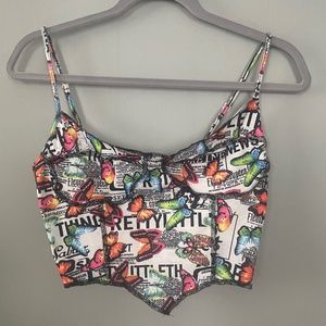 Faux Bustier Cotton Butterfly Newspaper Cropped Tank